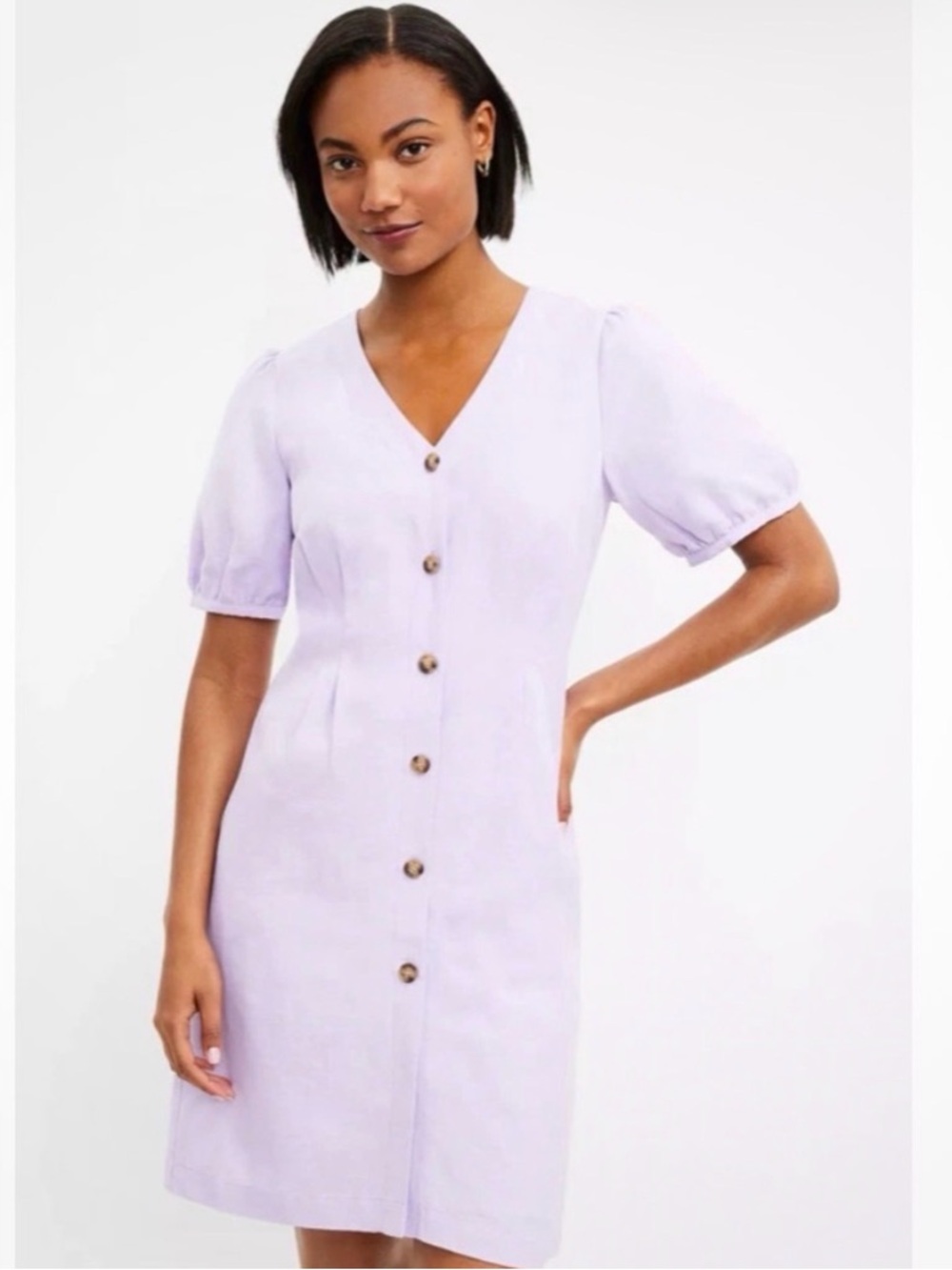 LOFT Button V-Neck Dress Linen Puff Sleeve Size 6 New NWT Light Purple